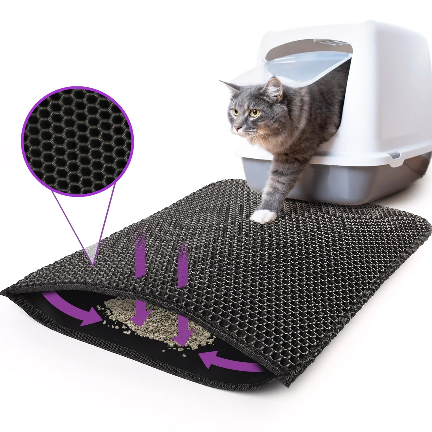 Cat Litter Mat - Double Layer Waterproof Urine Trapper, Non-Slip, Black
