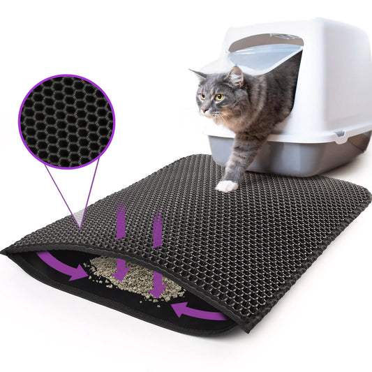 Cat Litter Mat - Double Layer Waterproof Urine Trapper, Non-Slip, Black